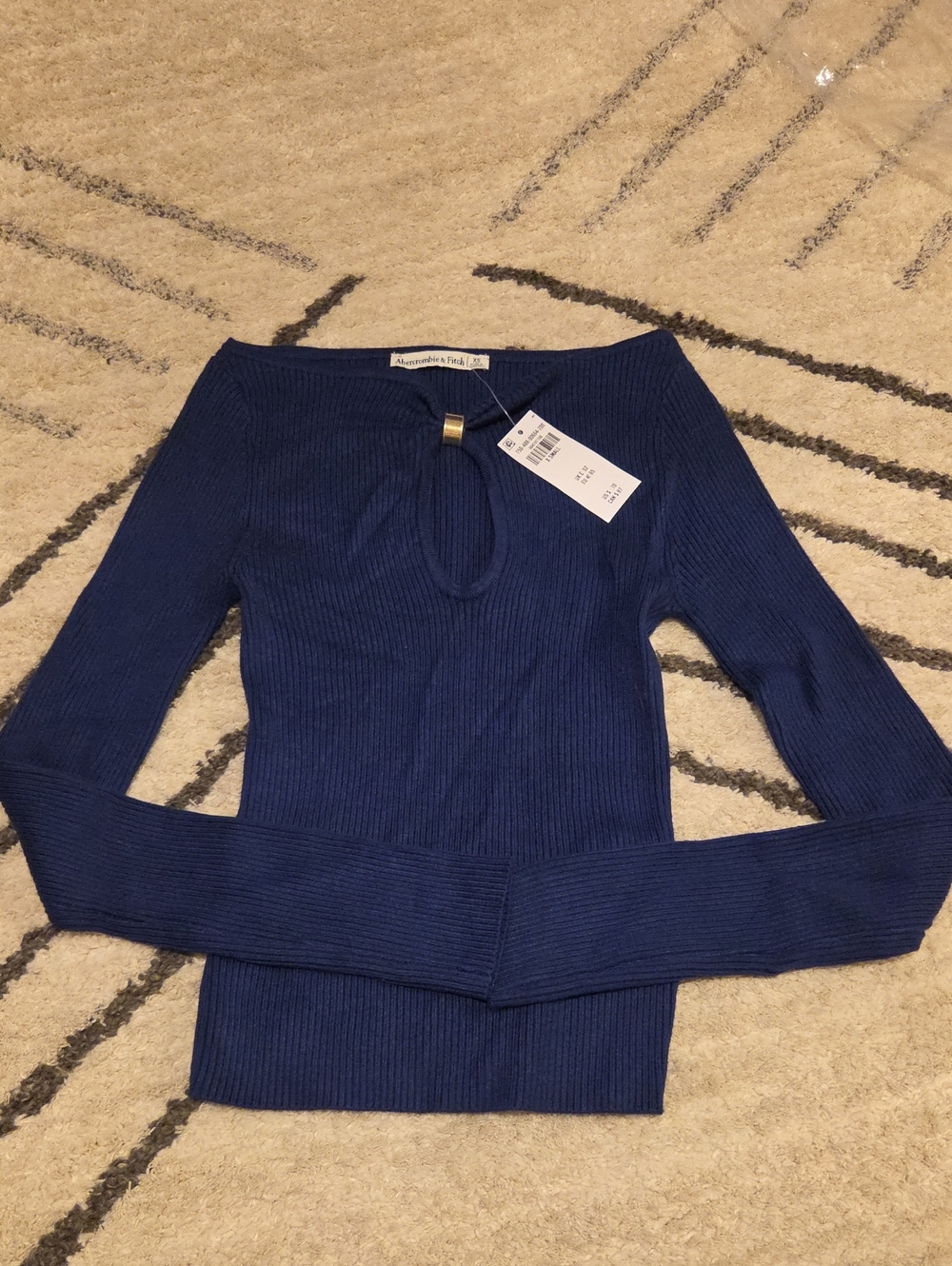 Off-the-Shoulder Navy Ribbed Sweater with Keyhole Detail